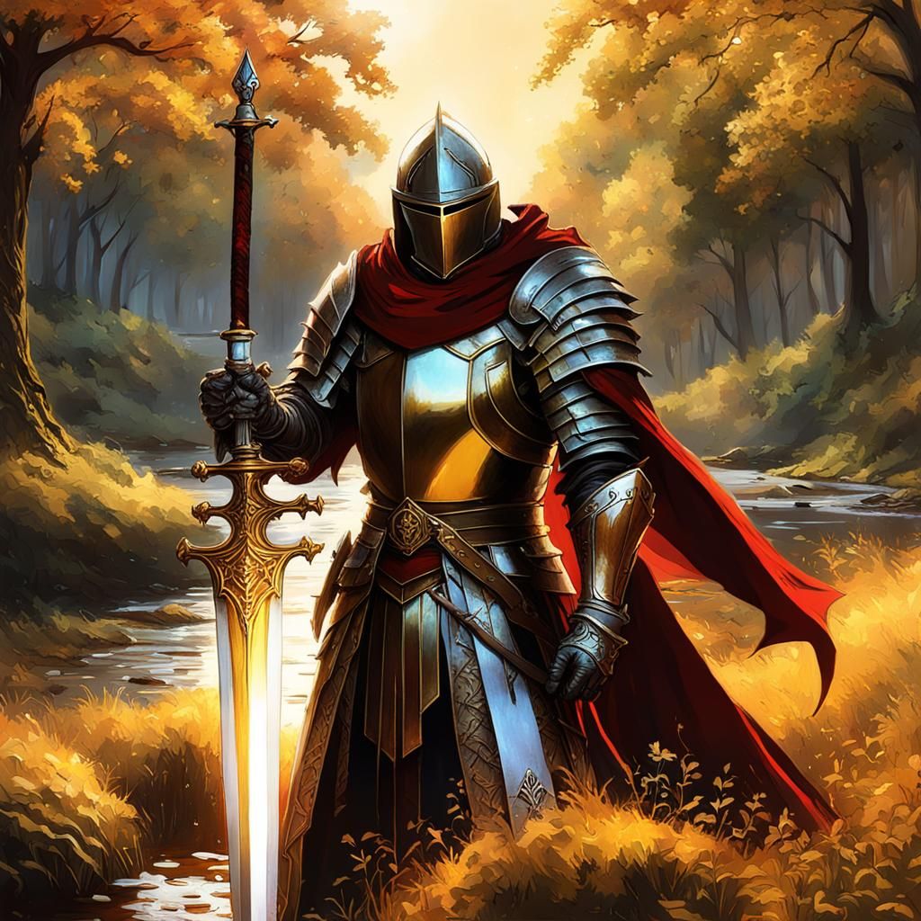 Gothic Knight in Golden Sunlight, Dark Fantasy Art
