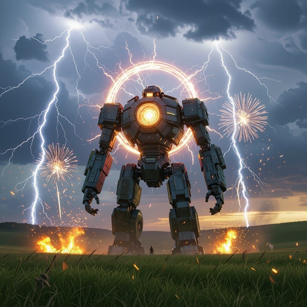 Monumental Robot in Stormy Landscape