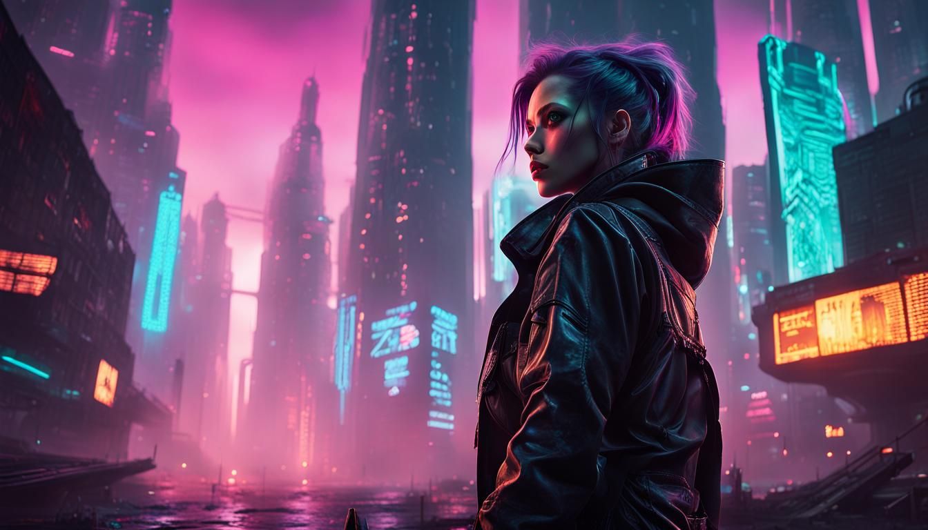 Cyberpunk Rogue in Dystopian Cityscape with Neon Lights