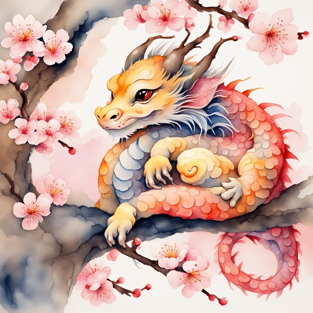 Baby Dragon As Chinese Watercolor Painting