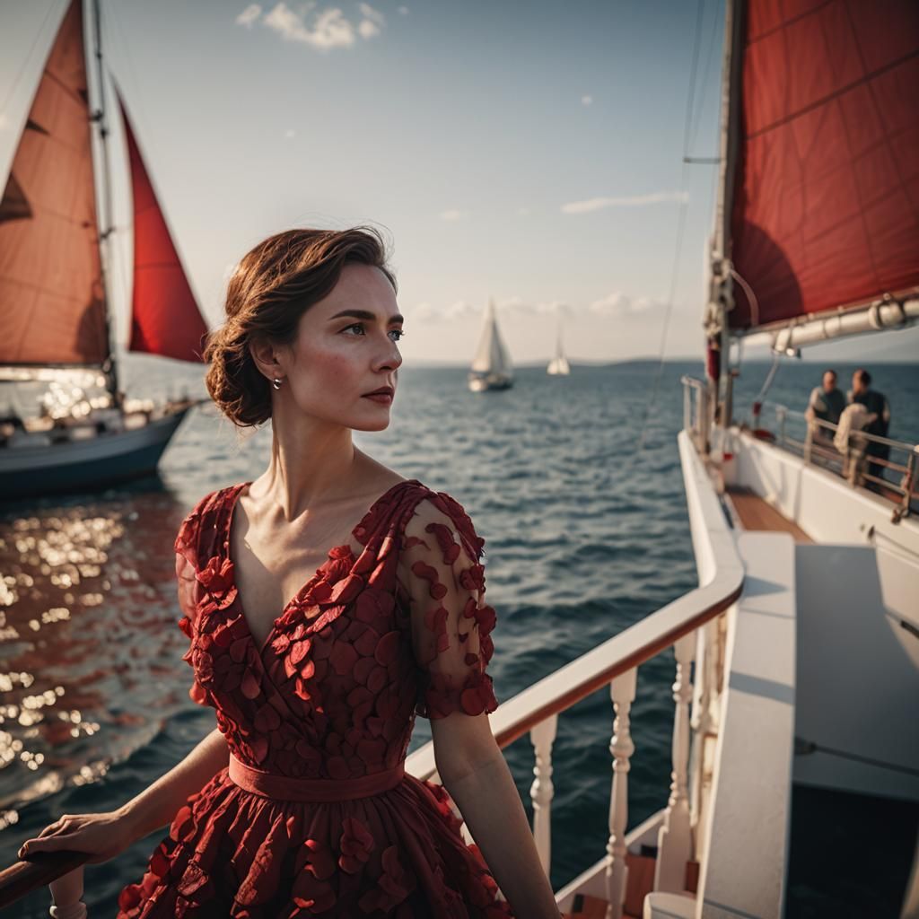 Woman in Rose Dress Gazing at Red Sailboat