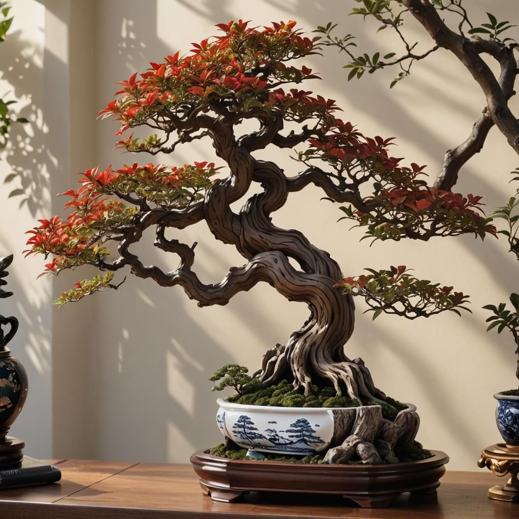 A stunning and meticulously crafted porcelain planter features an exquisite Japanese bonsai tree. The tree is a magnific...