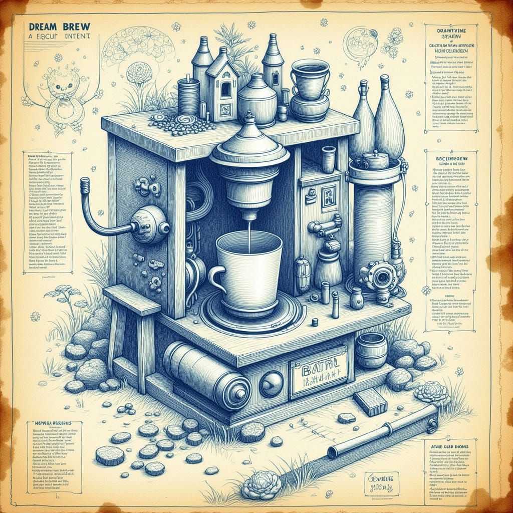 DreamBrew 9000: Fantastical Exploded Schematic in Renaissanc...