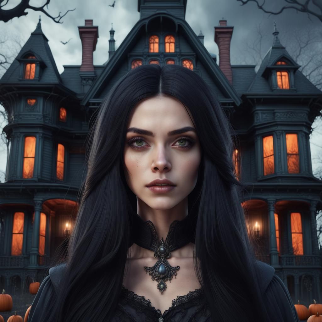 Young Witch at Haunted House on Halloween