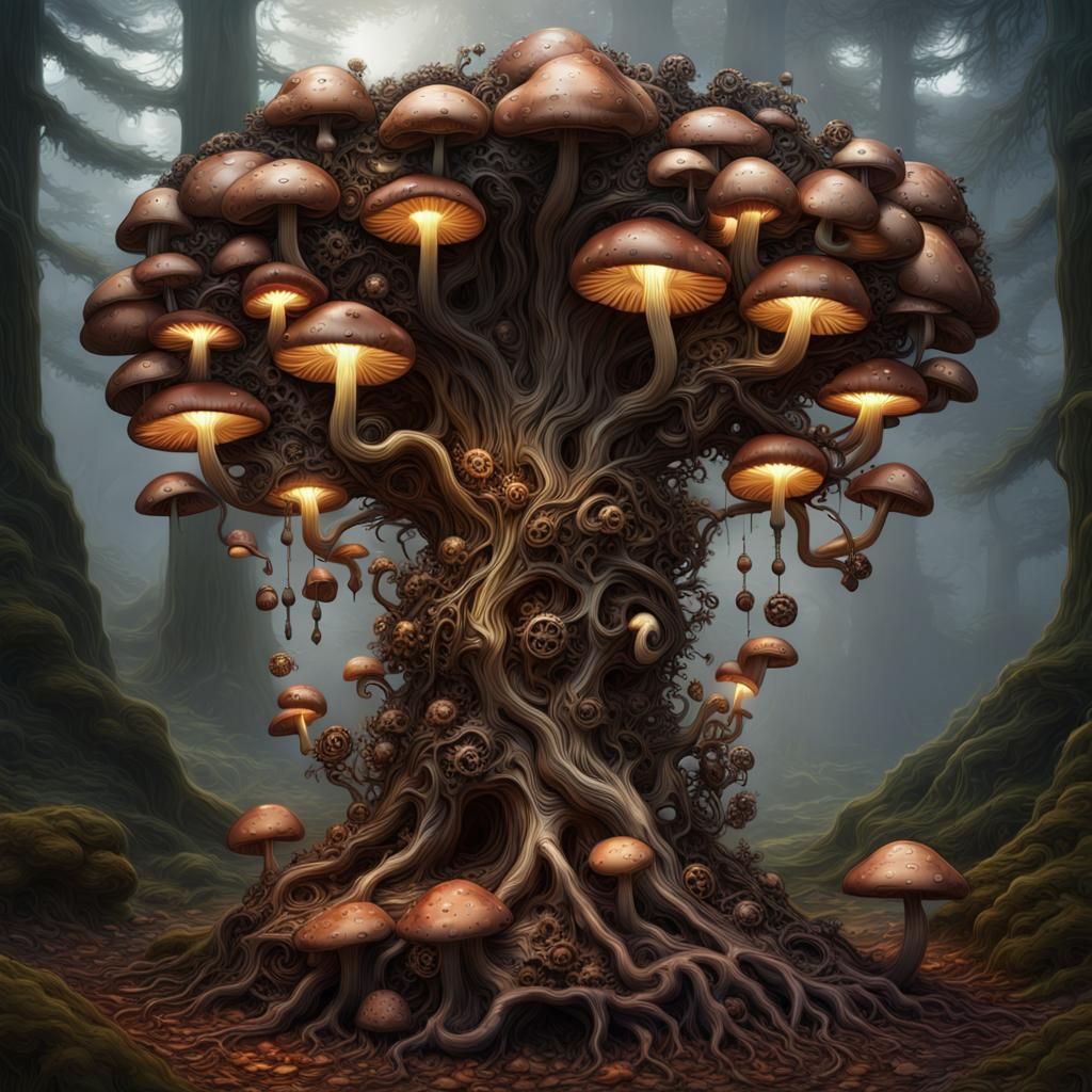 Metal Art: Twisted Tree Stump with Metal Mushrooms