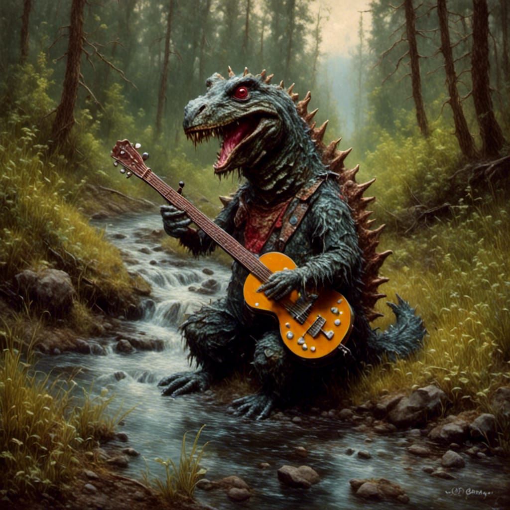 Godzilla's Banjo Serenade: Oil Painting by Stream