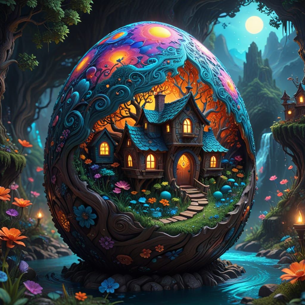 : Imagine a treehouse village built inside a giant, hollowed...