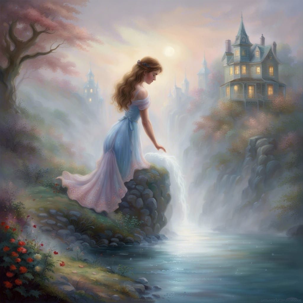 Ethereal Watercolor Girl Bending Over in Misty Scene