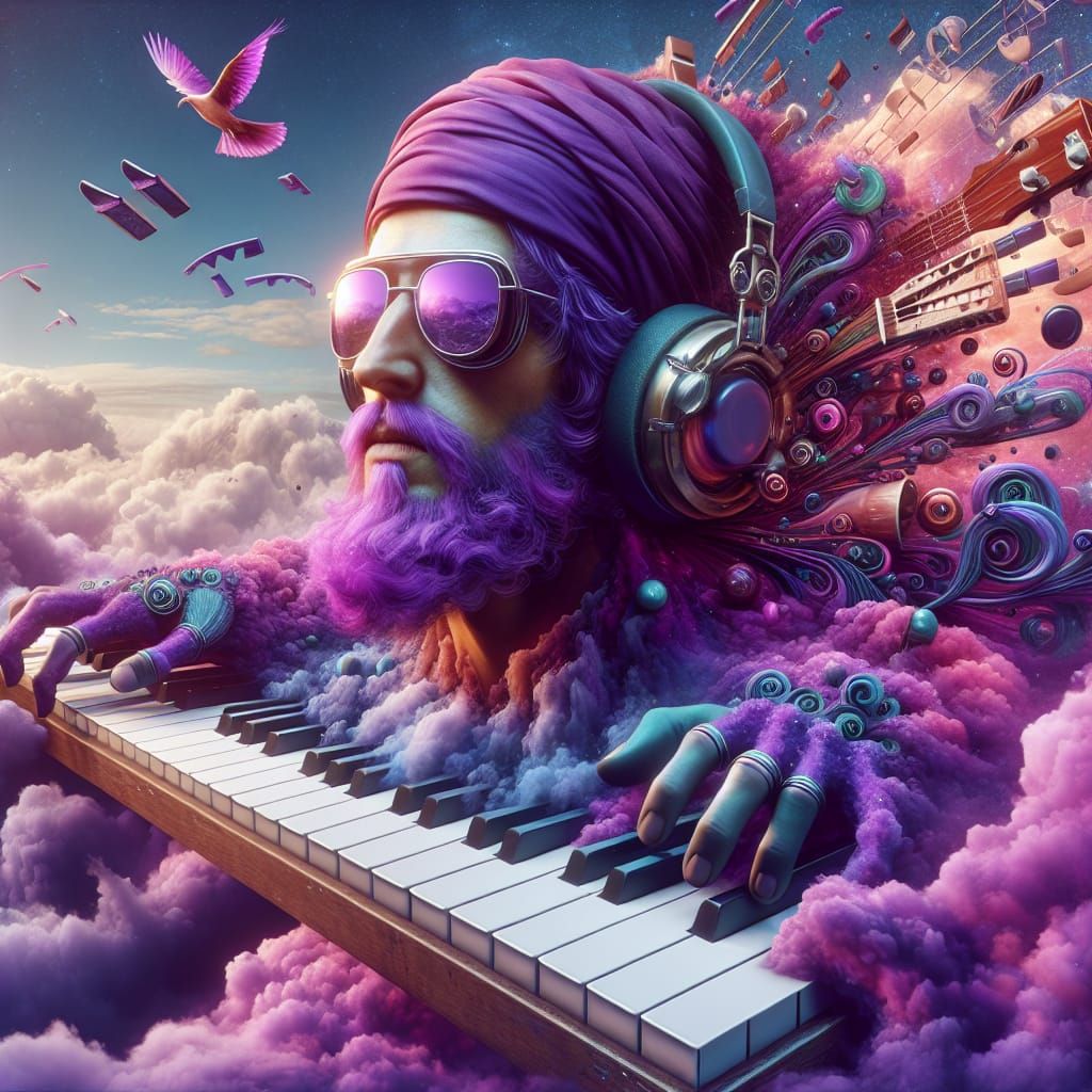 Steampunk Funk: Man Merging with Piano in Matte Painting