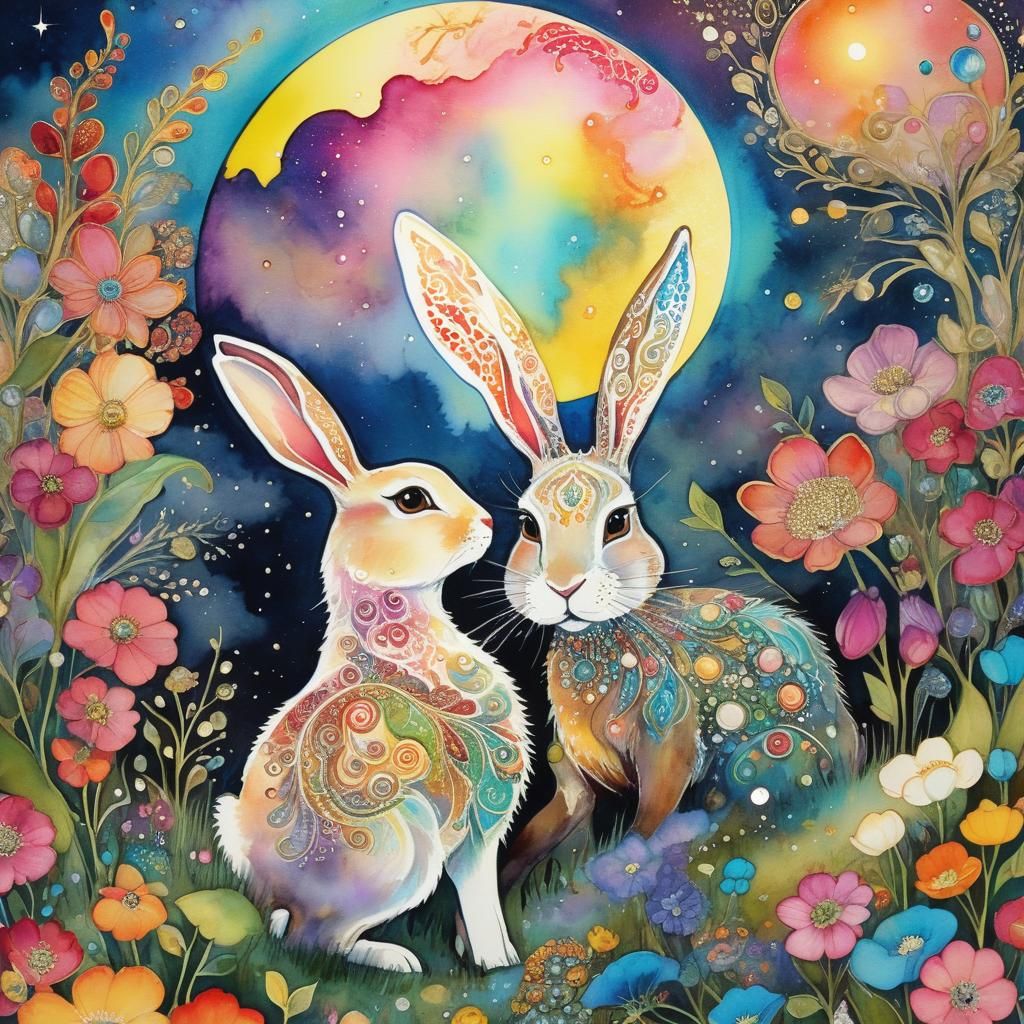 Vibrant Paisley Bunnies Bask in the Radiant Full Moon Glow