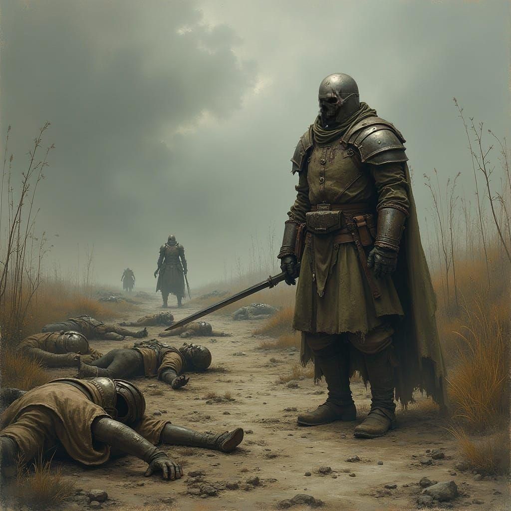 War Torn Soldier Amidst the Fallen in Dark, Sinister Realism