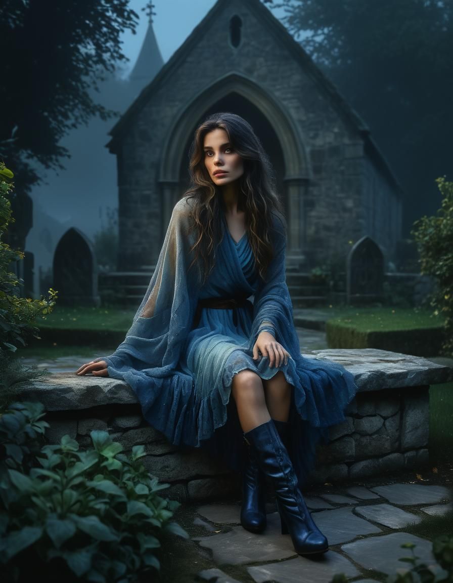 Renaissance Woman in Chapel Garden at Dawn