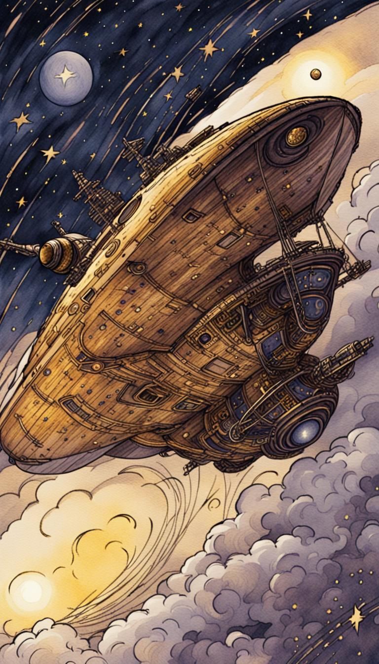 Spacecraft in Starry Sky, Rackham Illustration Style