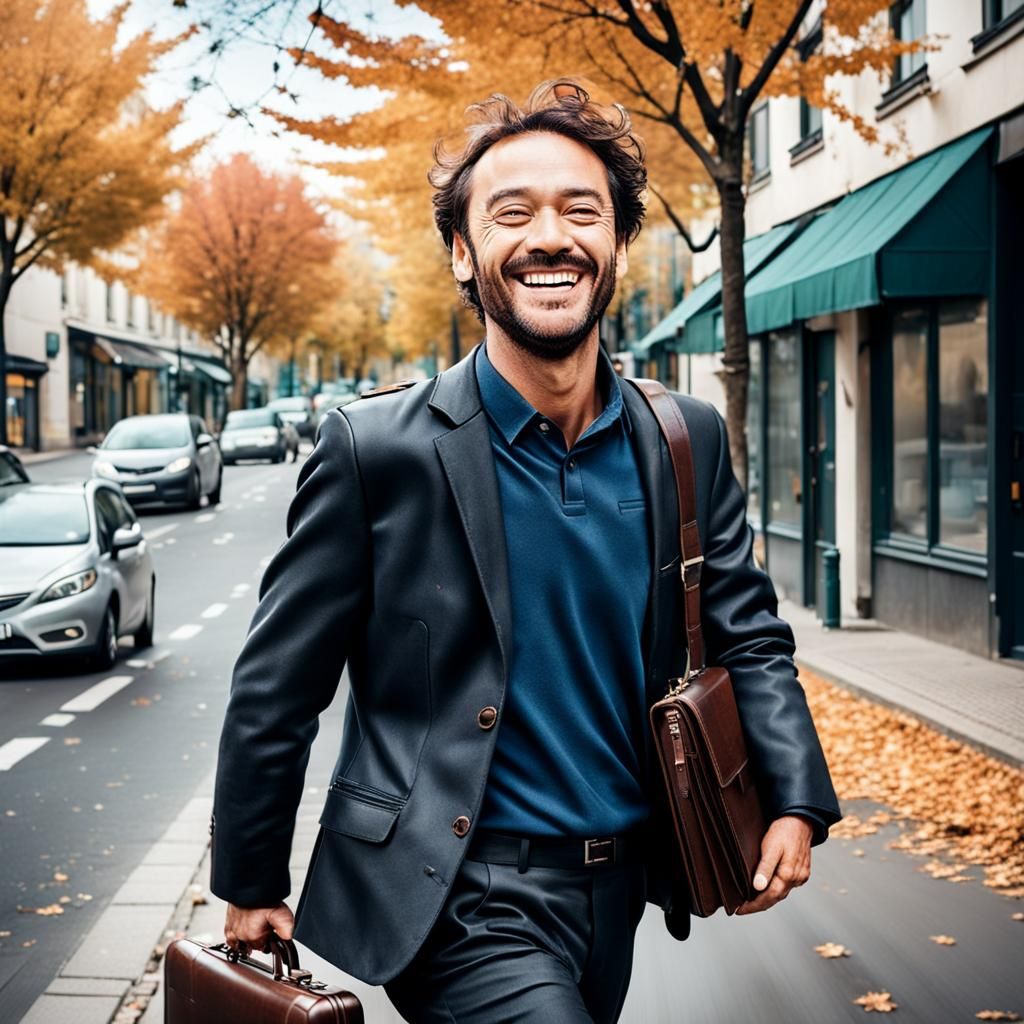 Smiling Man with Briefcase in Windy City Street