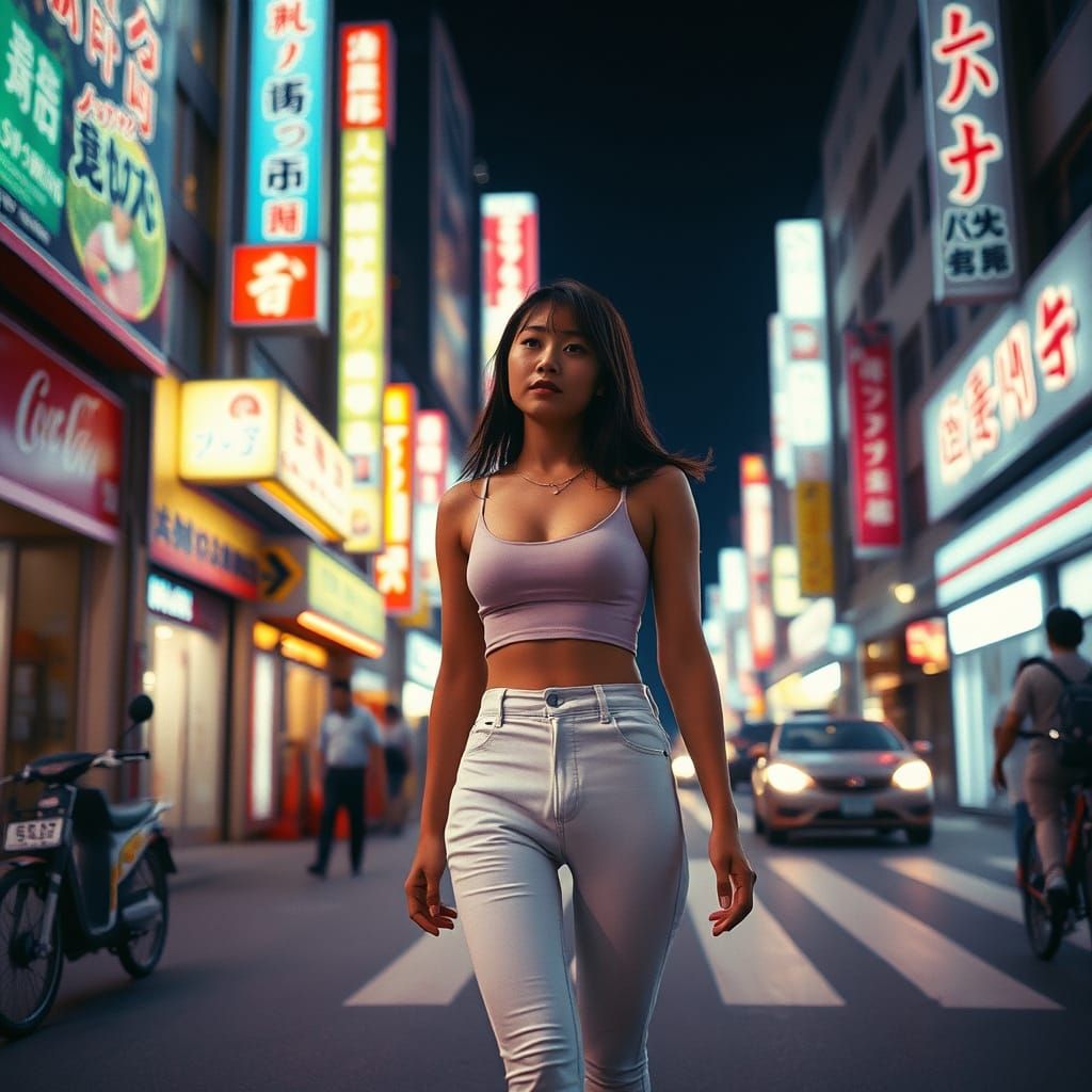 Cute Japanese Woman on Neon Tokyo Street