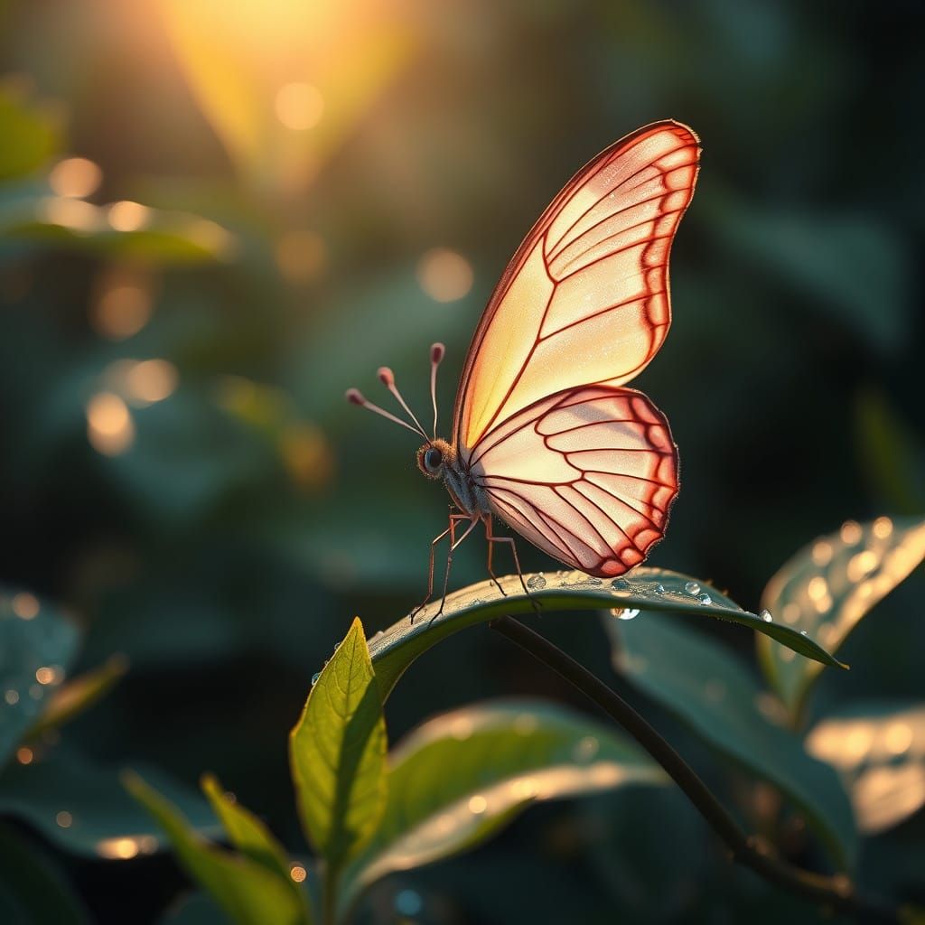 Surreal Morning Scene with Butterfly and Dewy Leaf in Vibran...