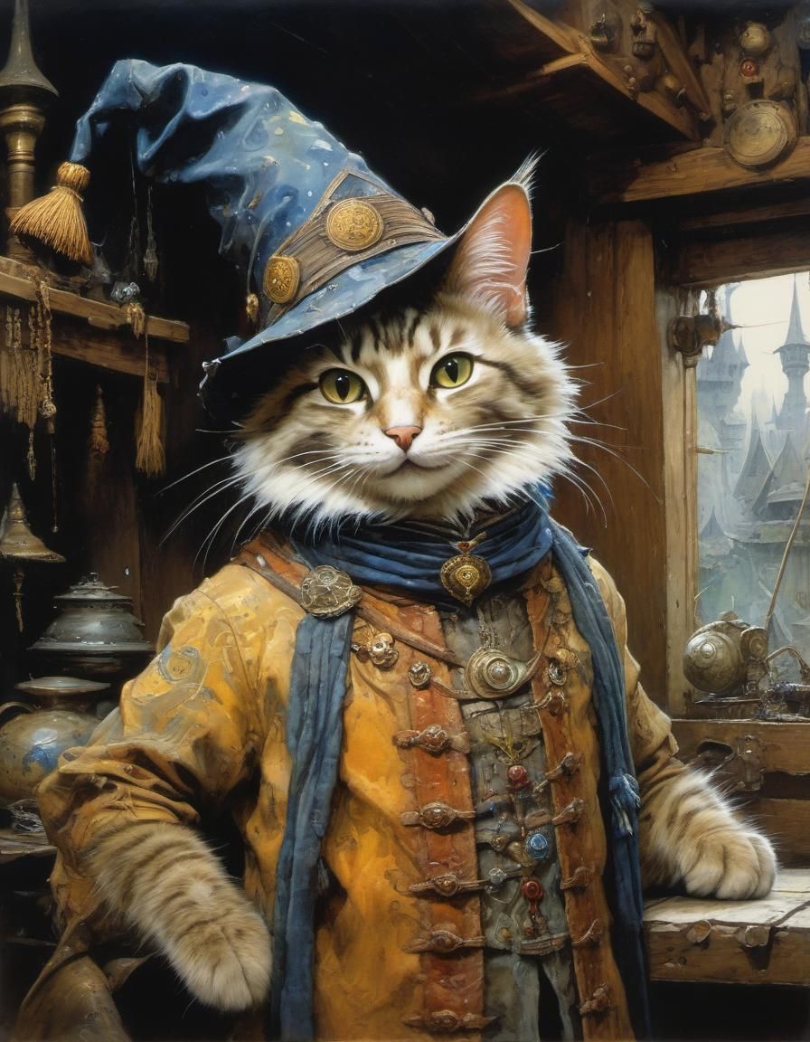 Smiling Cat Wizard in Dark Hut, Watercolor Style