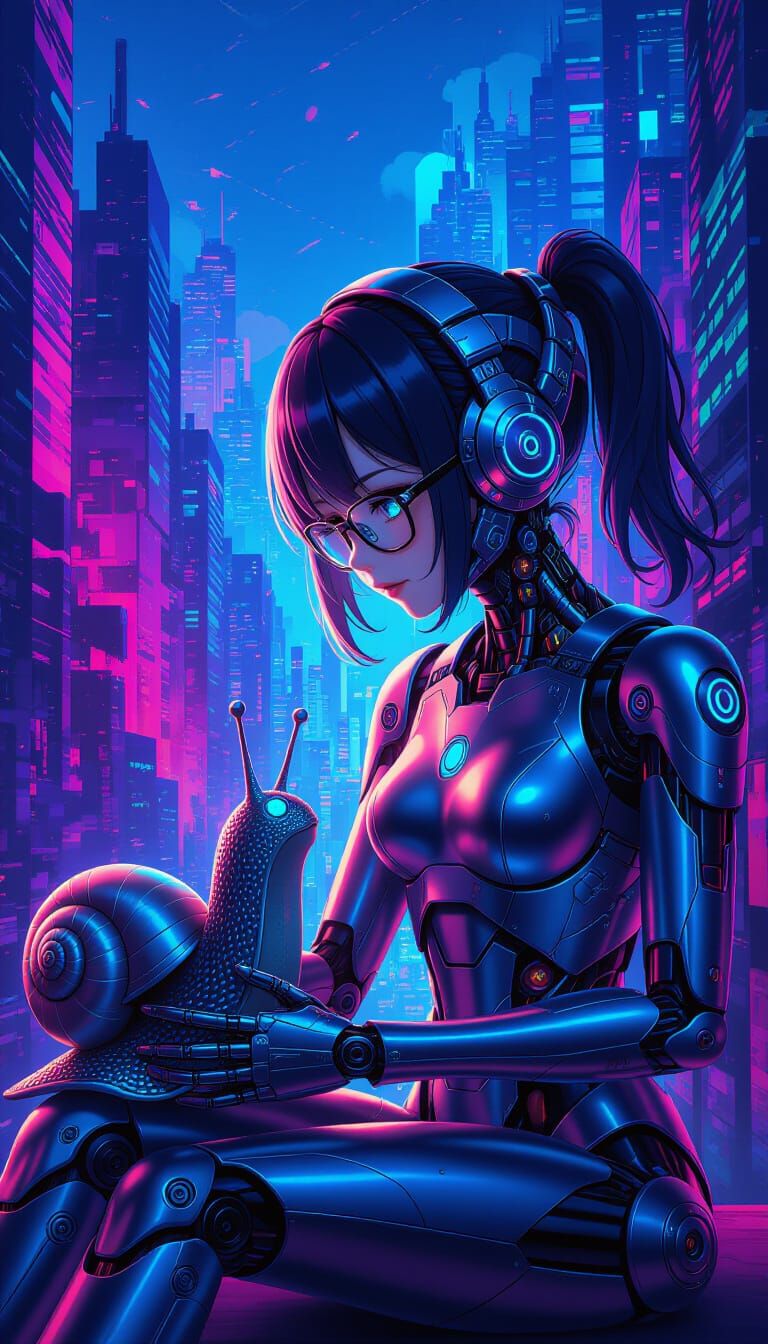 Cyborg Girl and Robotic Snail in Abstract Cityscape