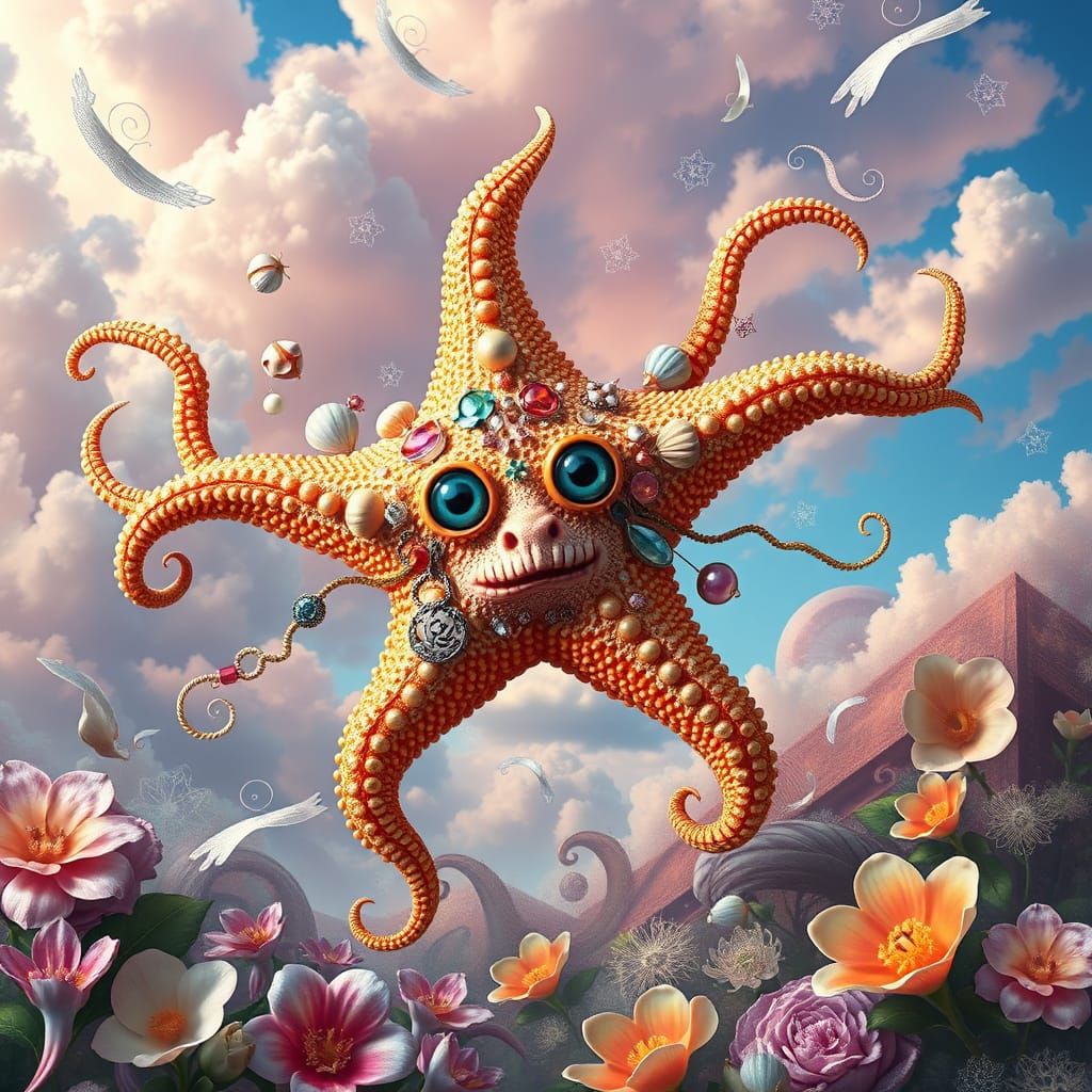Whimsical Starfish Portrait in Vibrant, Ethereal Dreamscape