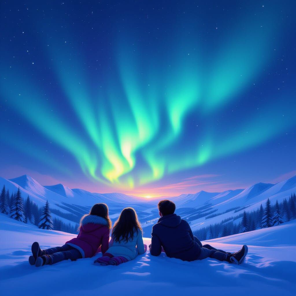 Children Watch Aurora Borealis on Snowy Hill