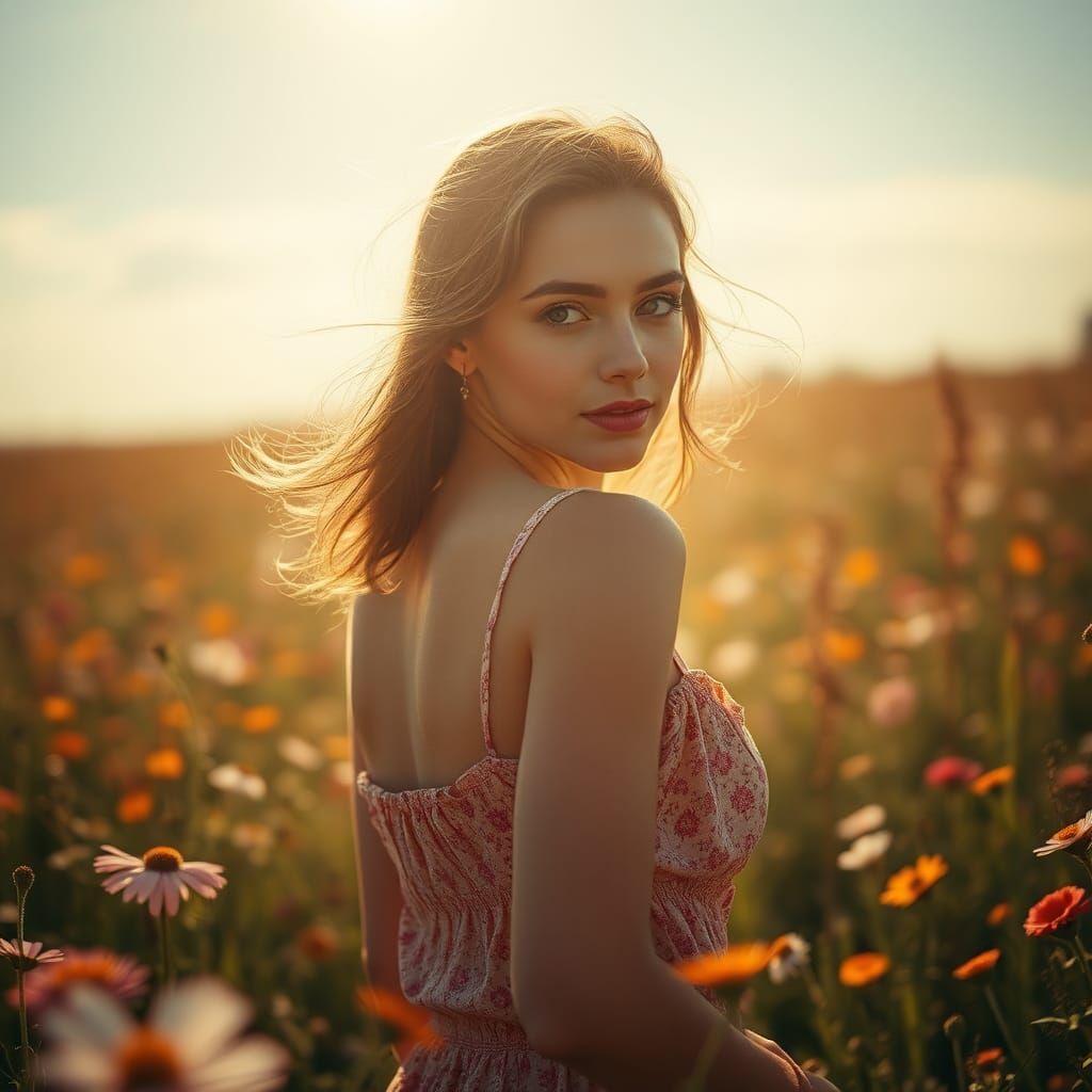 Girl in Wildflower Field with Nostalgic Glow