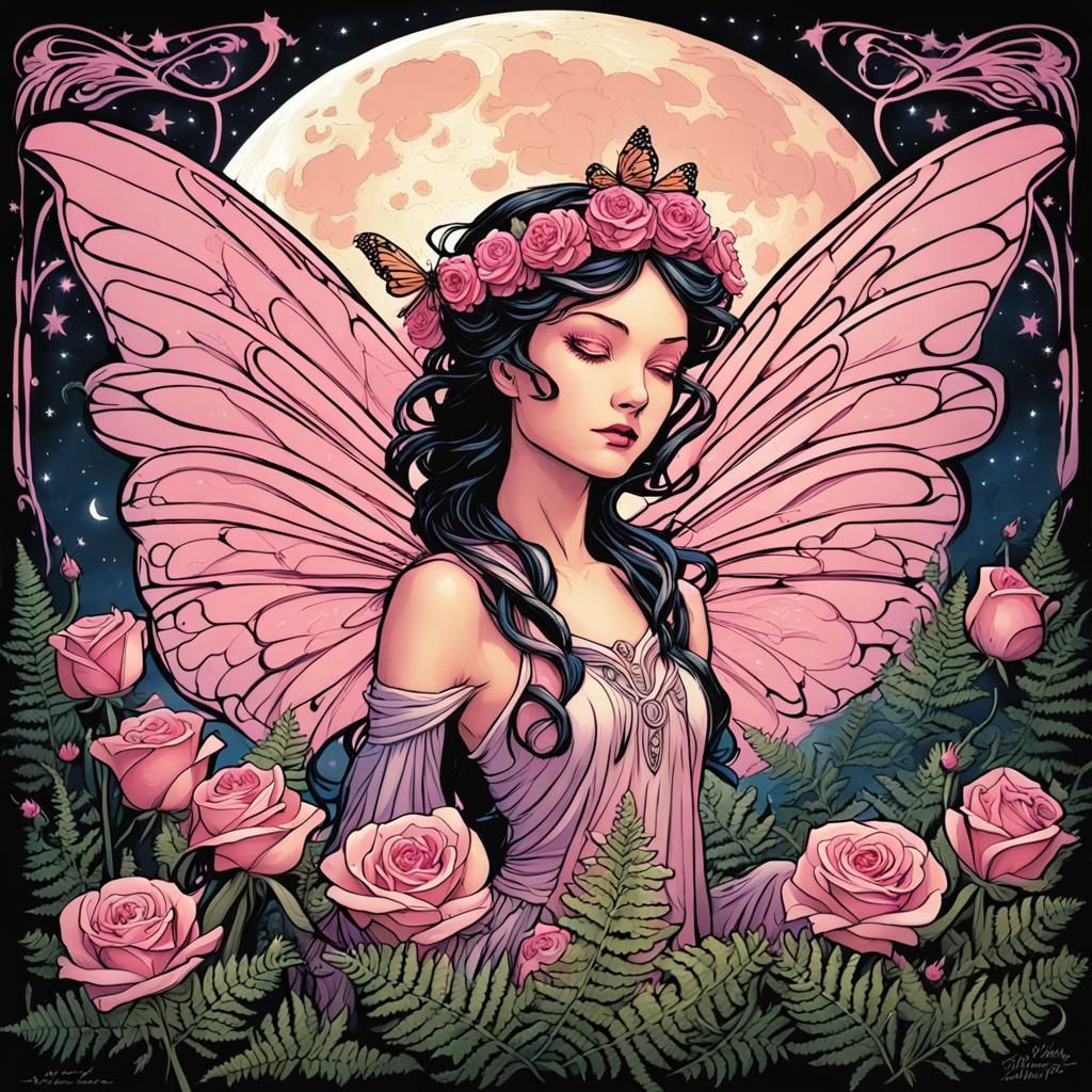 Art Nouveau Fairy with Roses and Moon