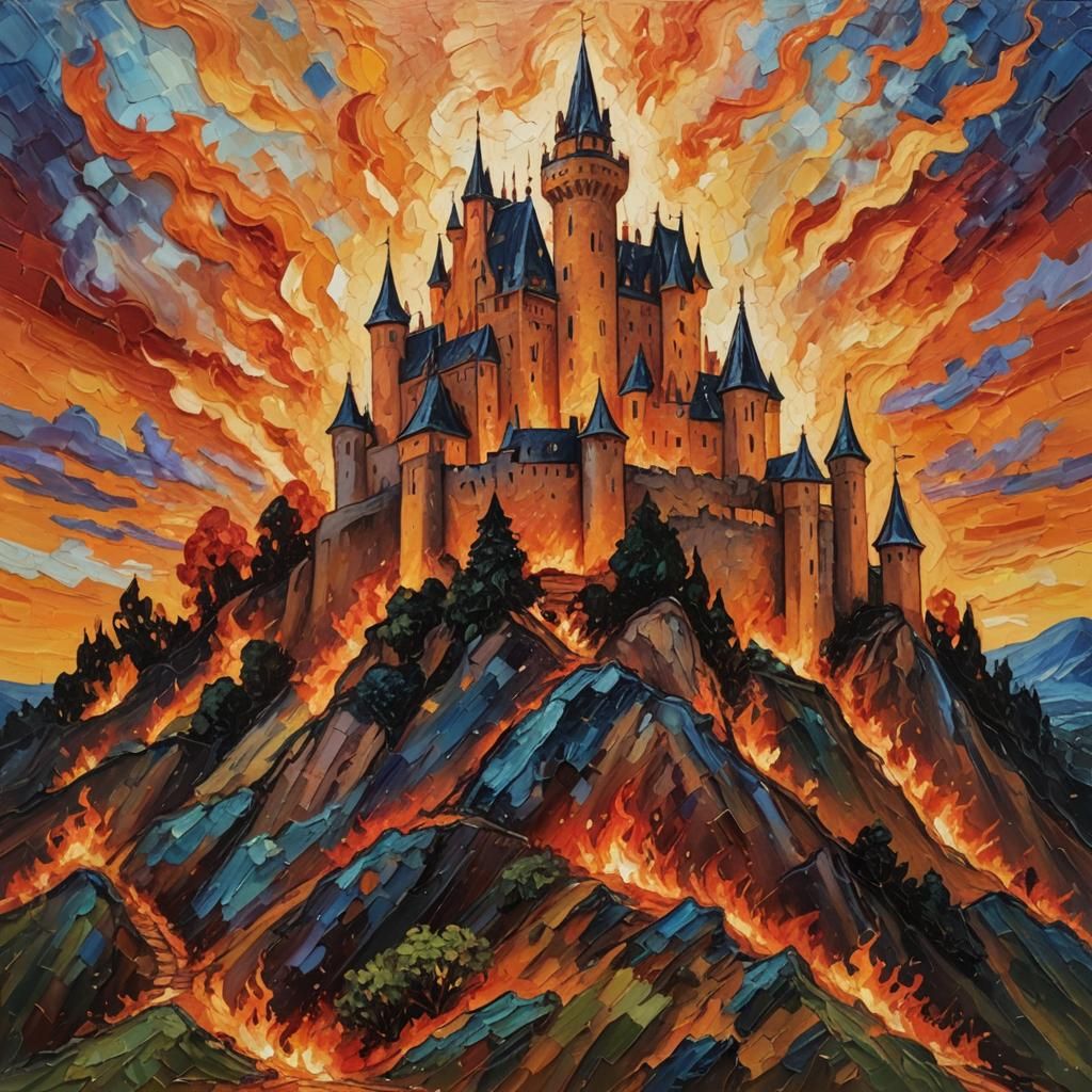 Fiery Castle: Expressionist Oil Painting in Neo-Impressionis...