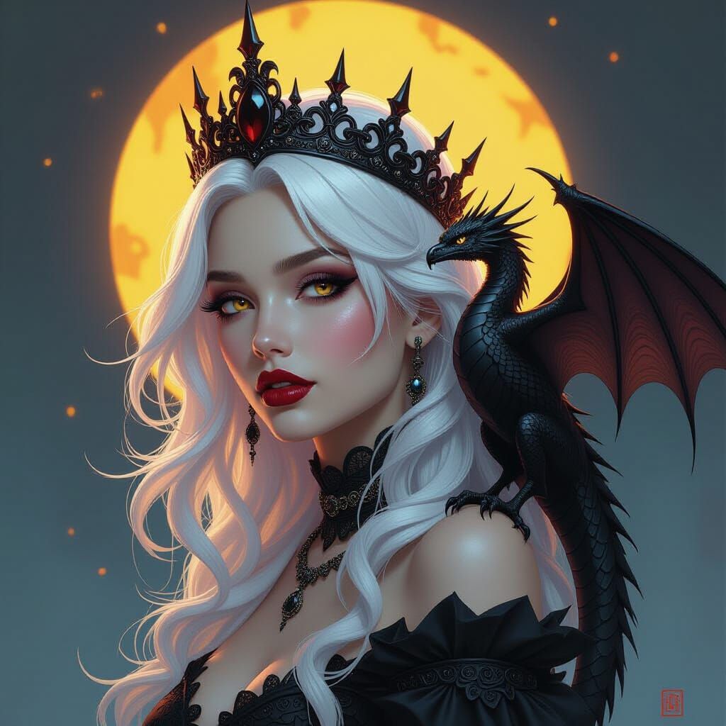 Gothic Woman with Dragon, Onyx Crown, Dark Fantasy Art