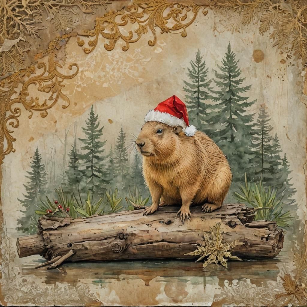 Capybara in Christmas Hat: Antique Watercolor Art