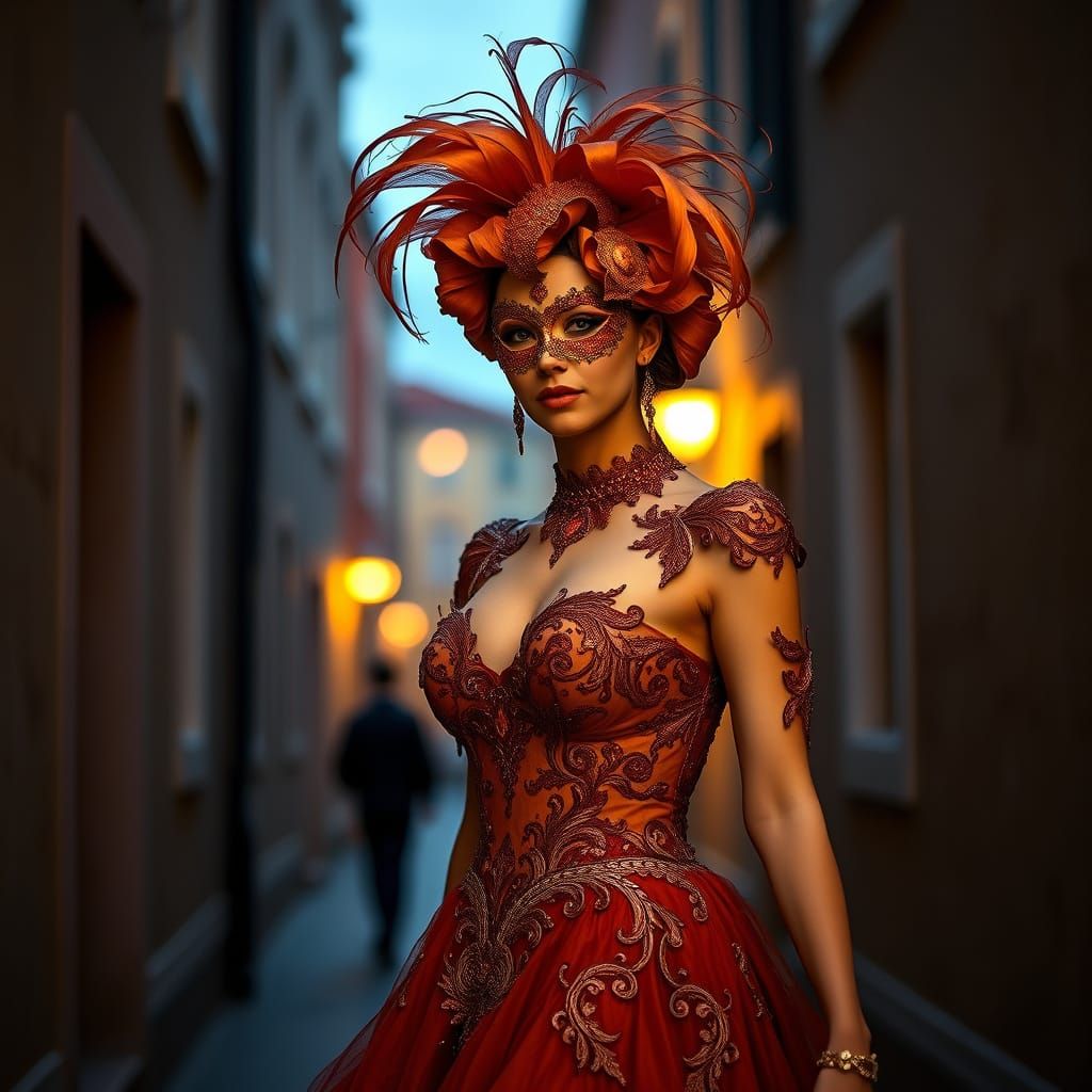 Venetian Carnival Woman in Street at Dusk