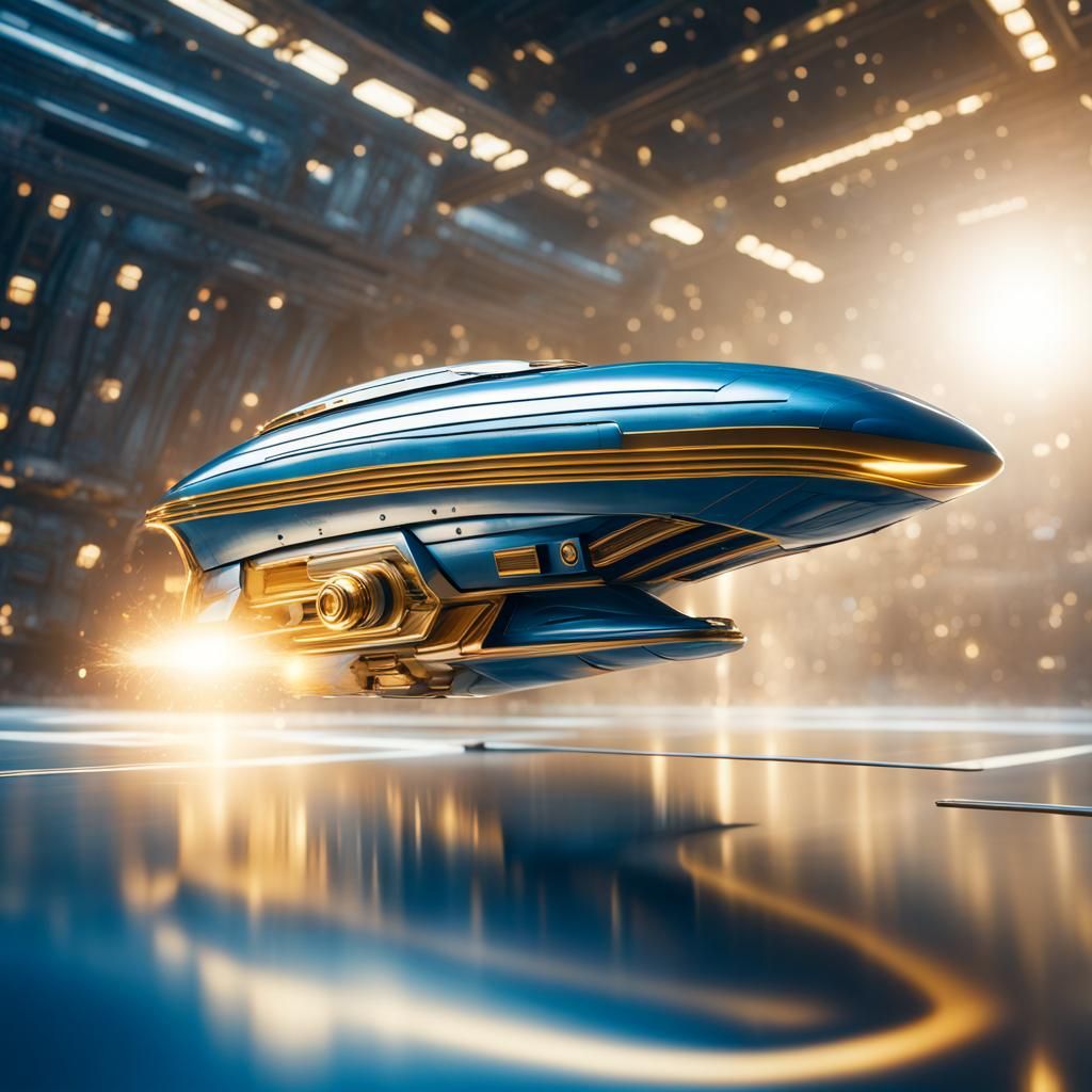 Steel Blue Spaceship with Gold Stripes in Galaxy