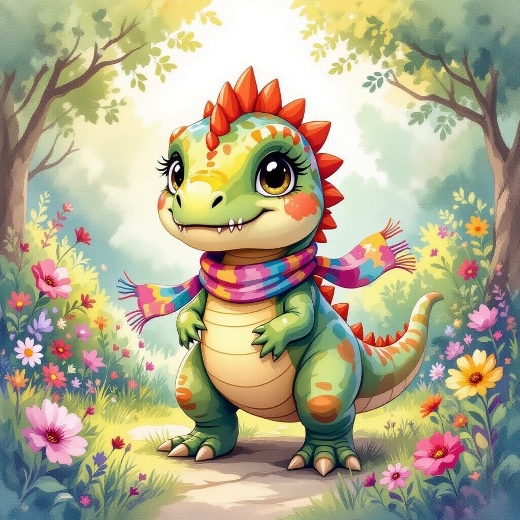 Cute T-Rex in Garden, Aquarelle Style