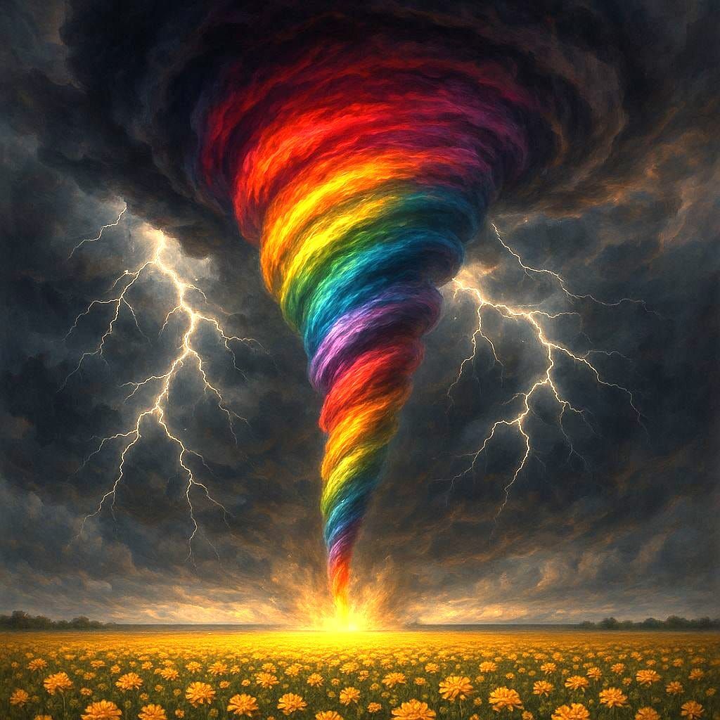 A surreal fantasy landscape of a powerful tornado swirling w...