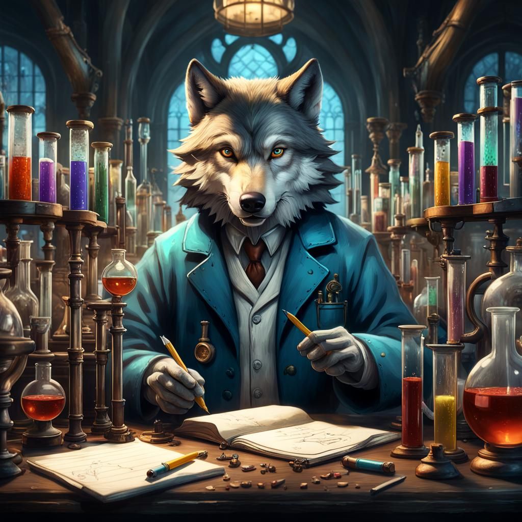 Wolf Alchemist in Detailed Laboratory, Matte Painting
