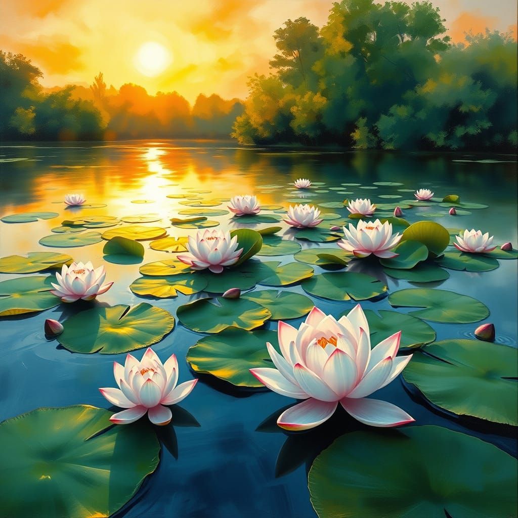Lotus Flowers on Lake at Sunset in Impressionist Style