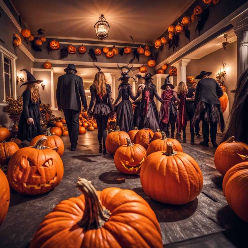 Festive Halloween Party with Pumpkins and Costumes