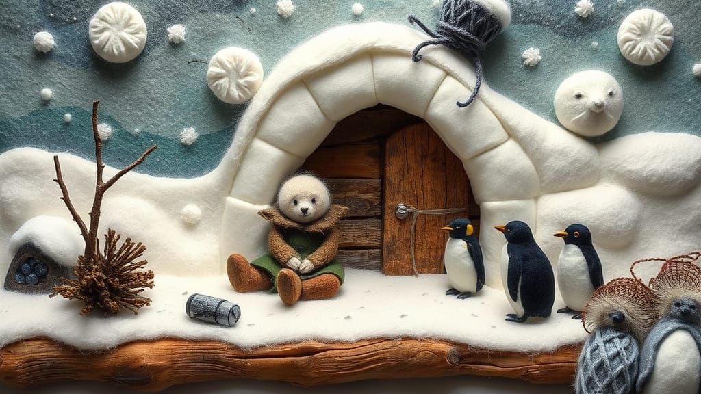 Eskimo, Polar Bear, and Penguins in Felted Wonderland
