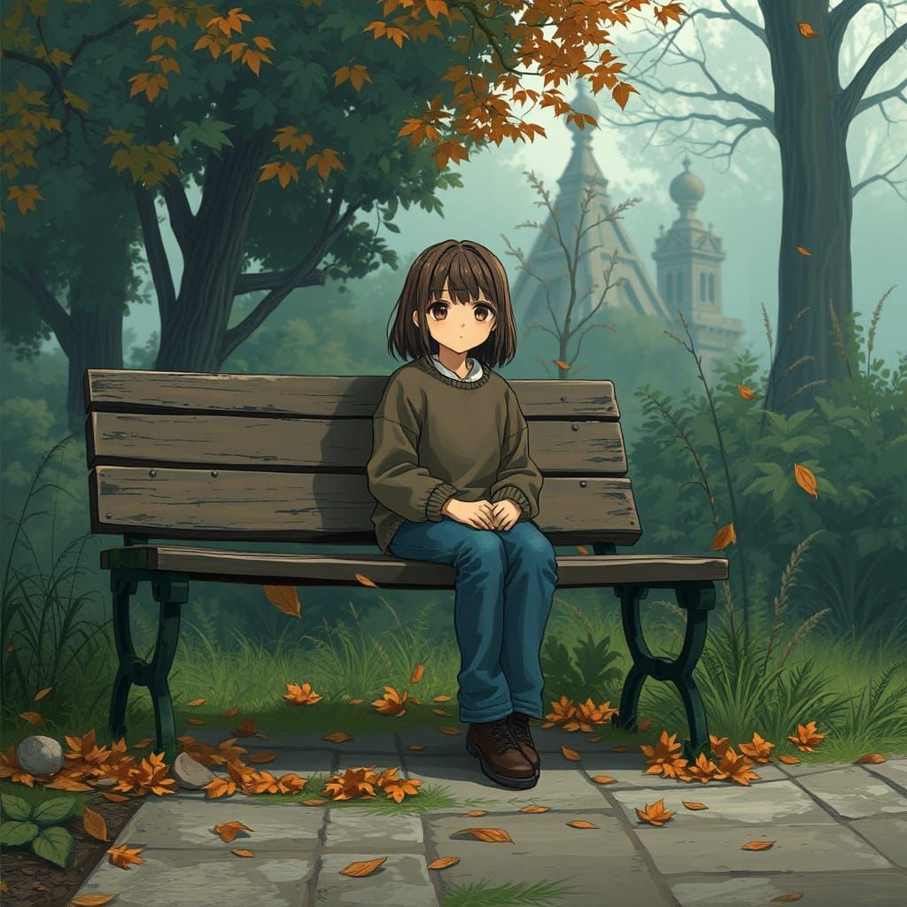 Melancholic Girl in Autumn Garden, Evocative Anime Style