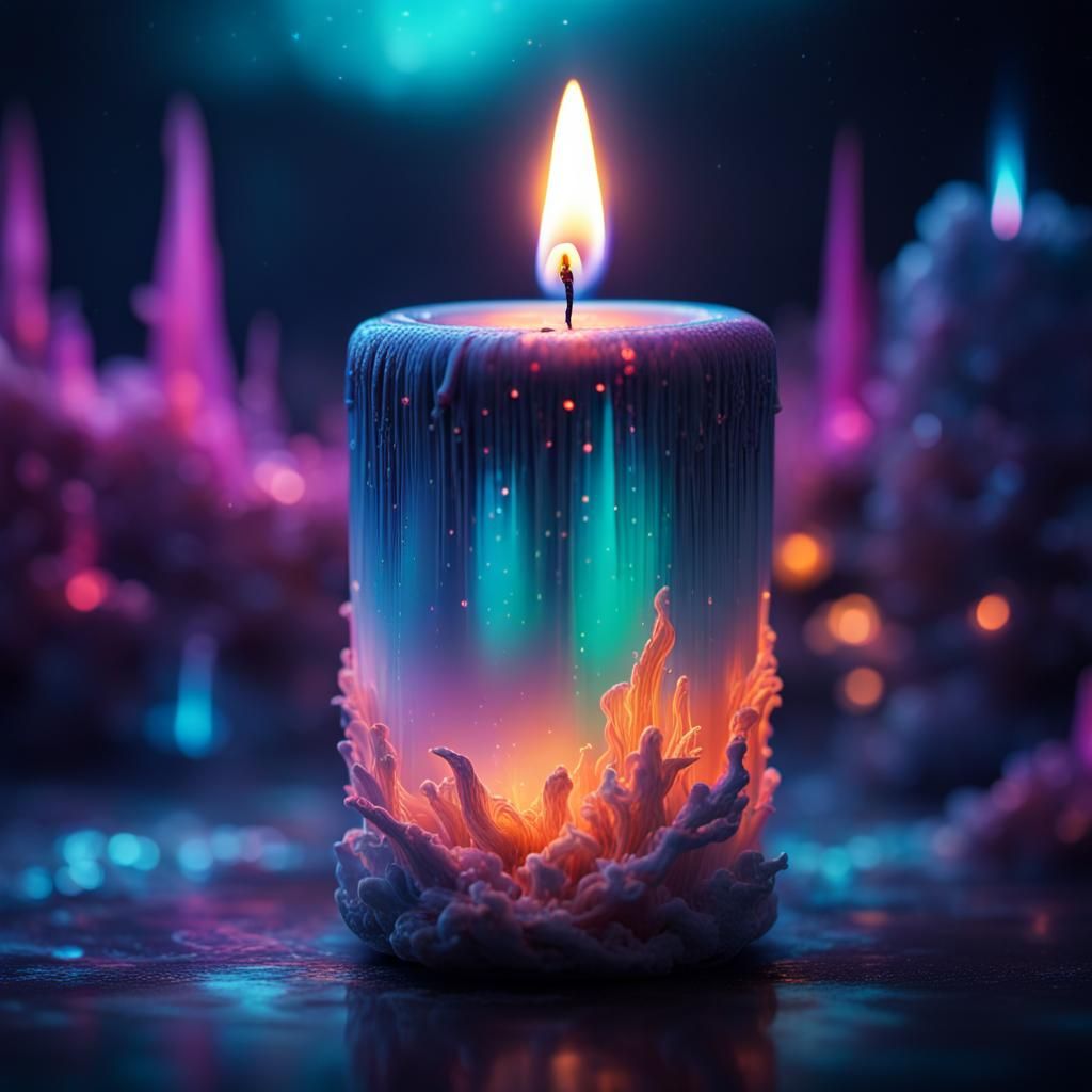 Multicoloured bioluminescent neon candle, surrounded by ethereal plasma effects, concept art...