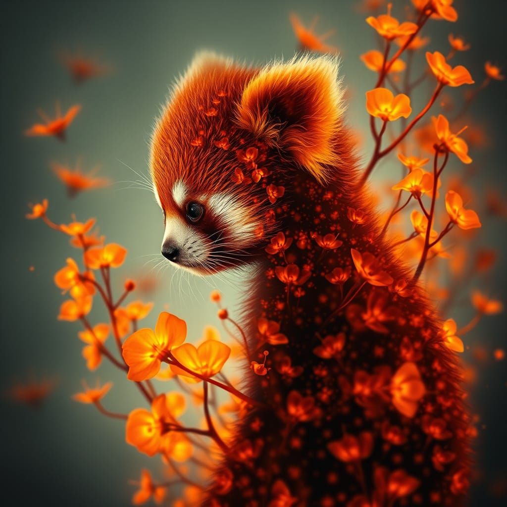 Adorable Red Panda Silhouette Filled with Bioluminescent Pla...