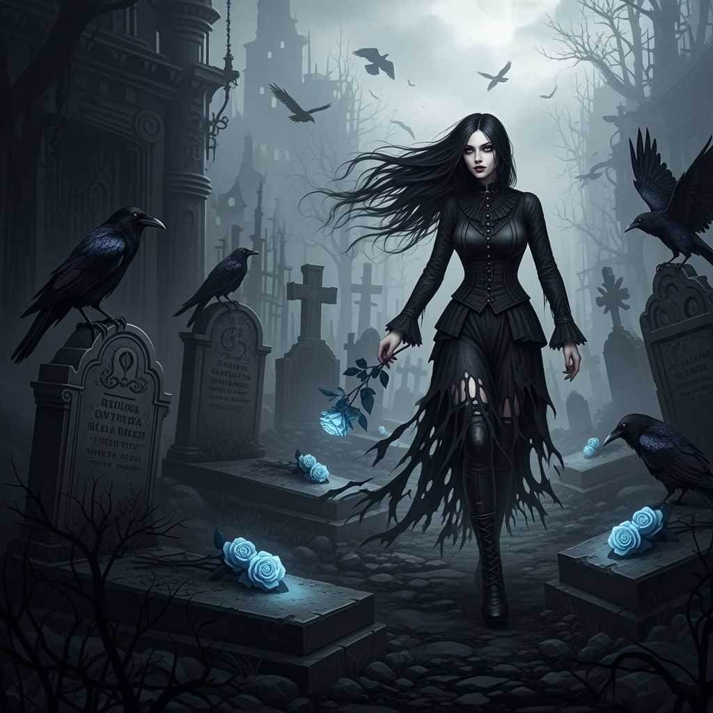 Gothic Woman in Graveyard with White Roses