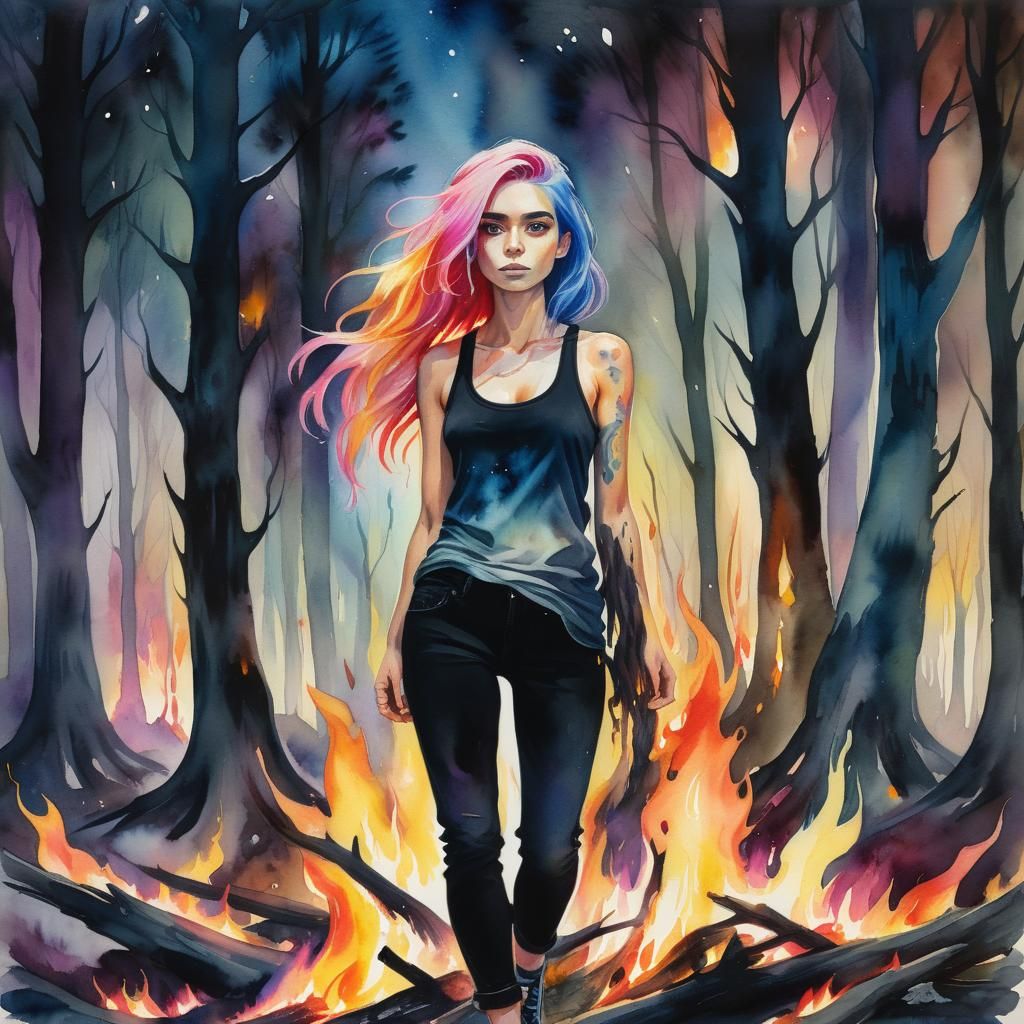 Woman with Rainbow Fire Hair in Dark Woods