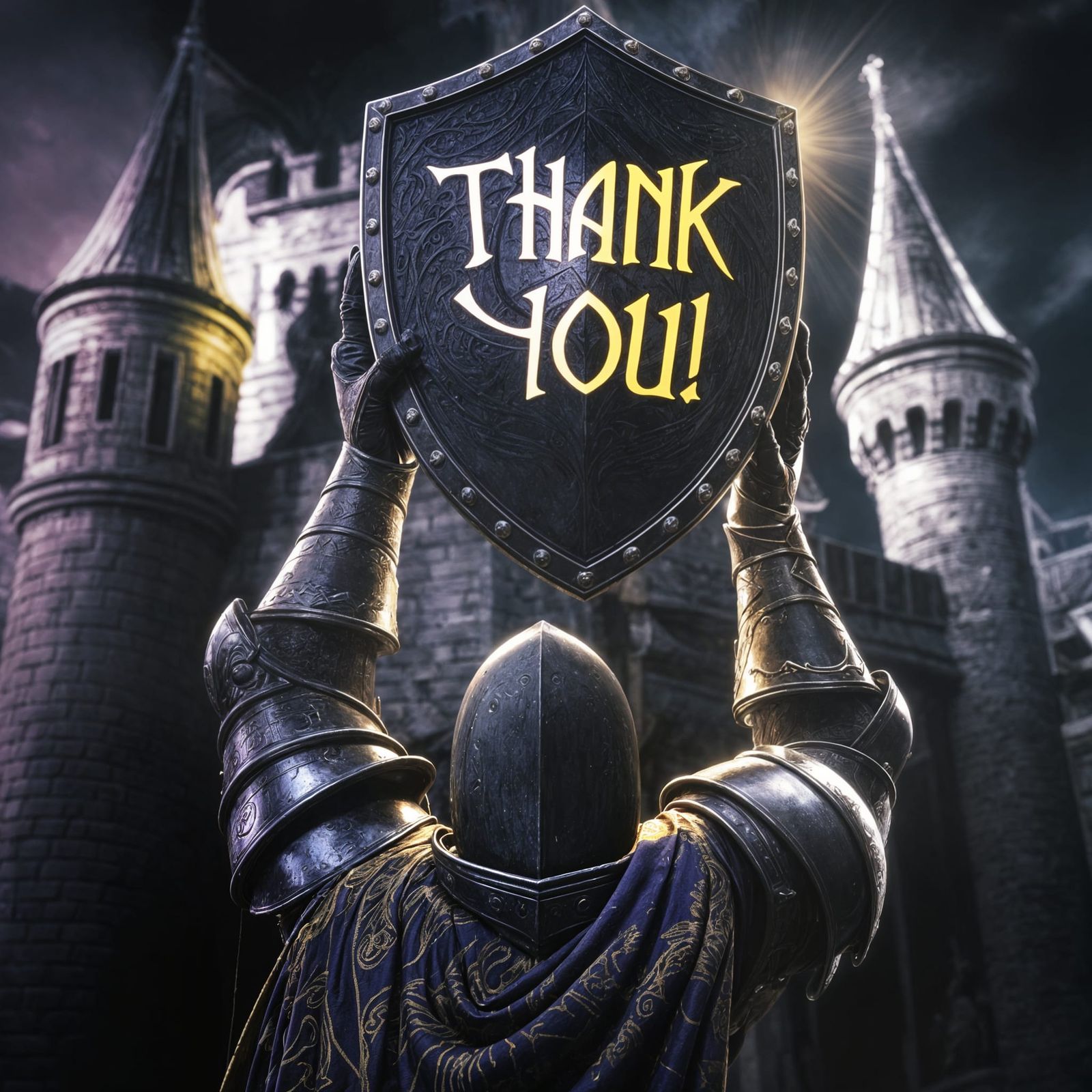 Dark Fantasy Knight Holds Shield in Cinematic Scene