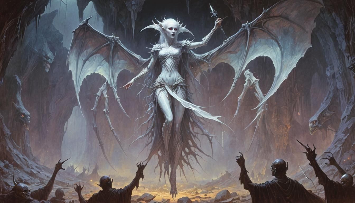 Beksinski-Inspired Vampire Alien Woman in Dark Cavern