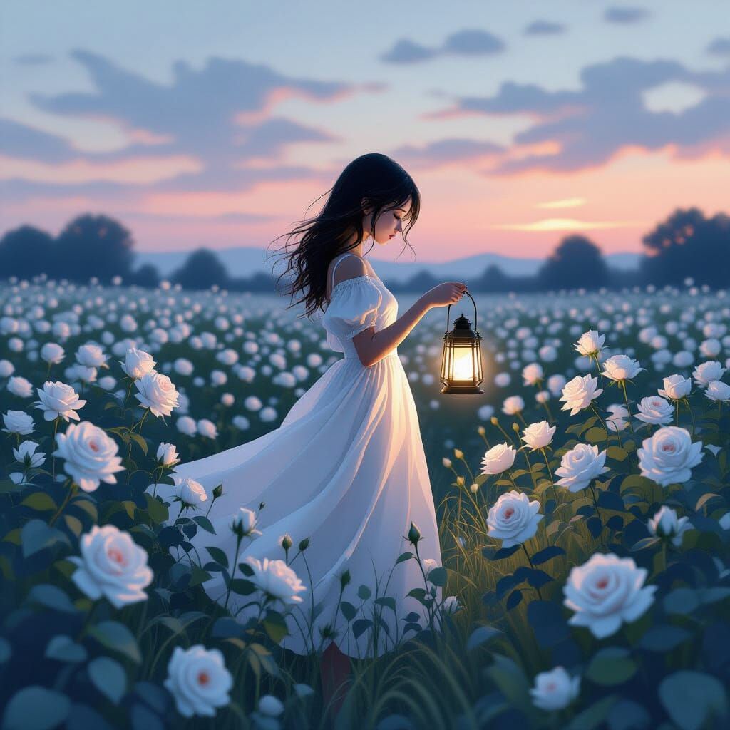 Girl with Lantern in Ink-Stained Rose Field