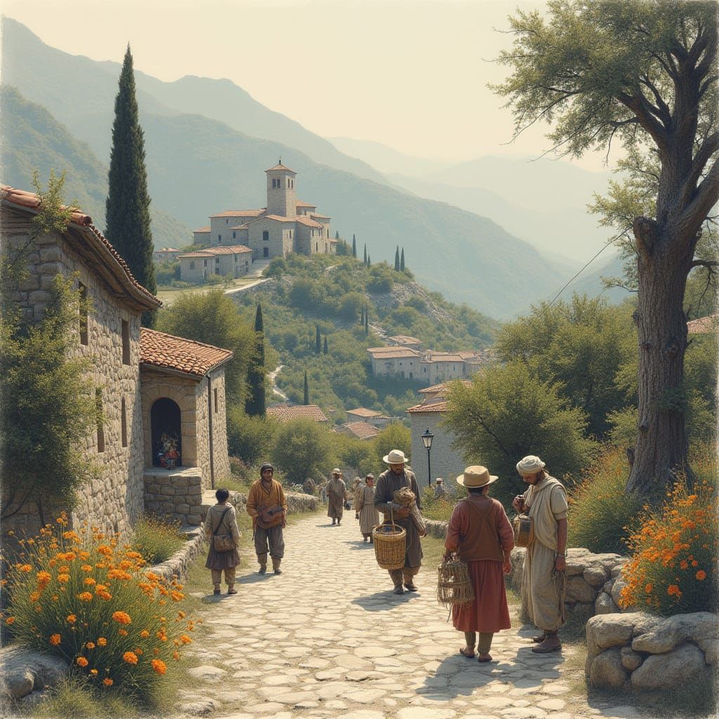 Bucolic Greek Village Scene in Hyperdetailed Charcoal