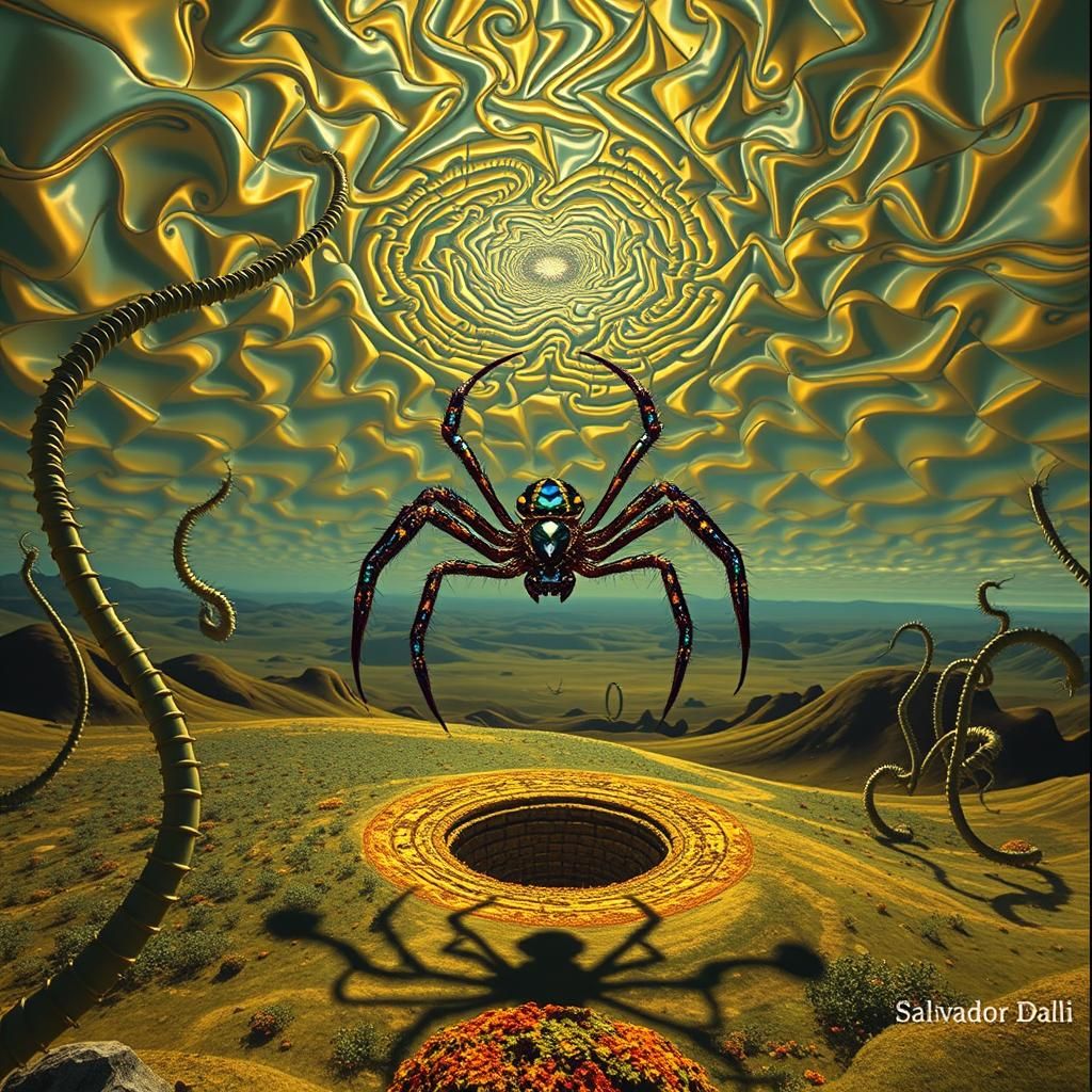 Surreal Landscape with Elastic Flora and Jeweled Spider