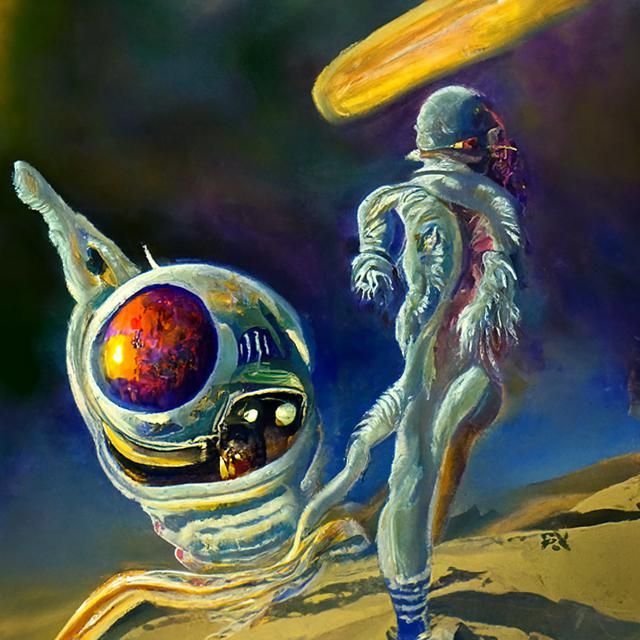Astronaut and Eyeball Creature in Desert, Sci-Fi Art