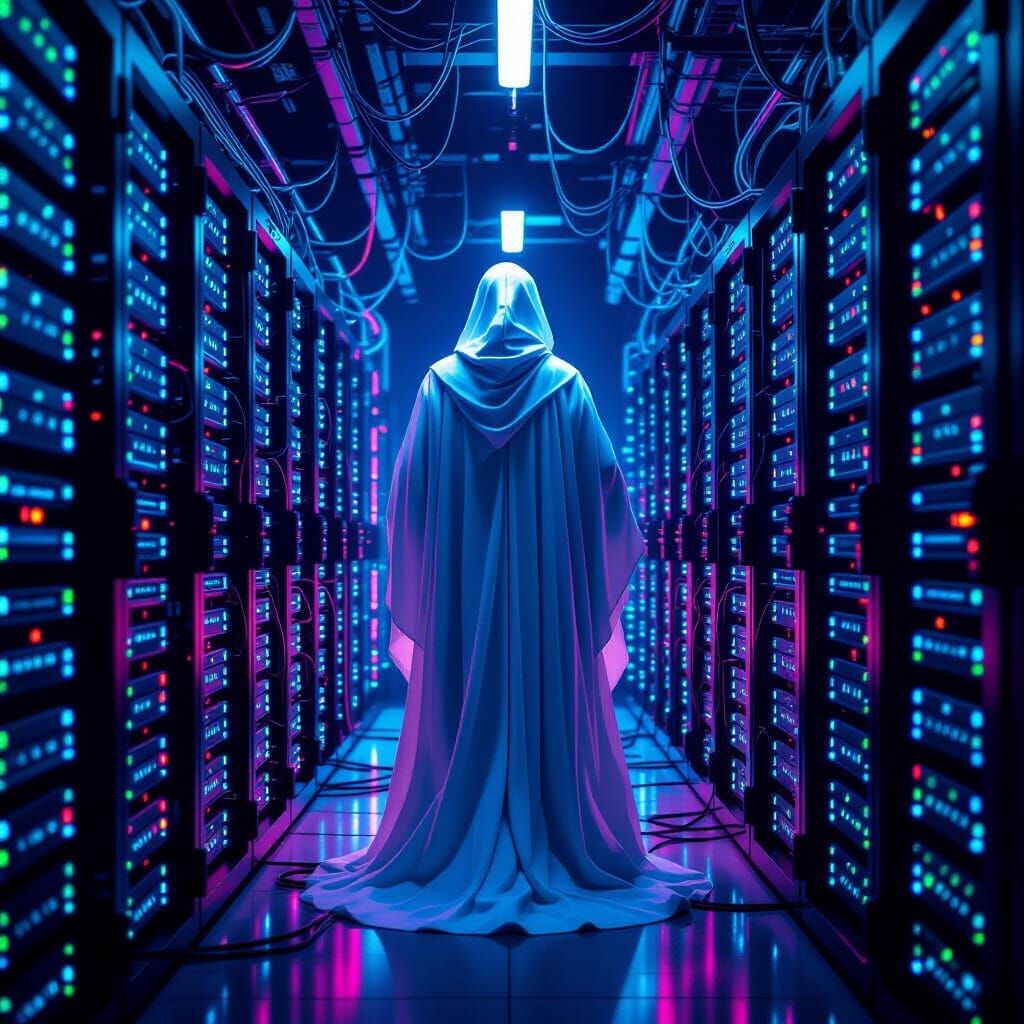 Digital Oracle in Server Room with Cyberpunk Aesthetic