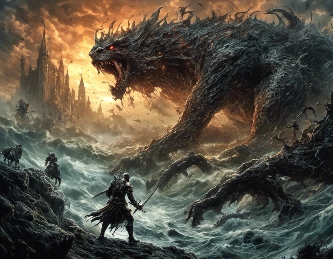 Knight Battles Giant Creature in Comic Book Art